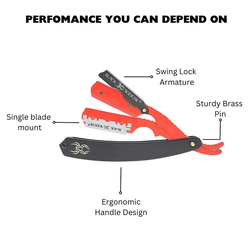 Black Widow Professional Barber Straight Edge Razor â€“ Stainless Steel Shavette, 1.5 mm Blade Exposure, Matte Black & Red, 10 Double Edge Blades (20 Single-Edge) for Lineups & Beard Shaping - Image 4